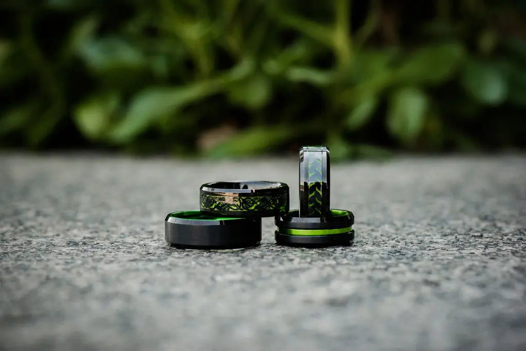 Green and Black Tungsten Carbide Rings