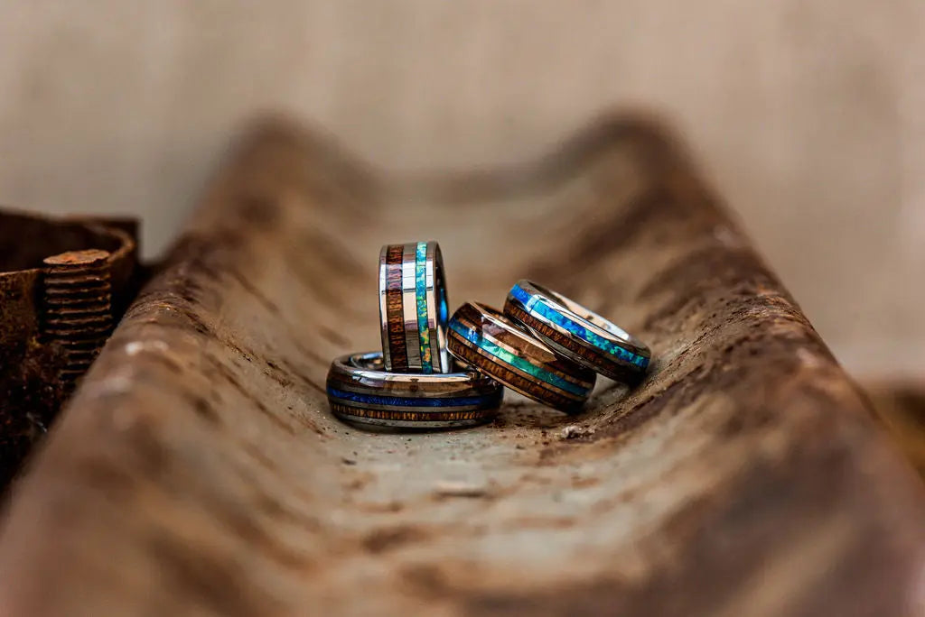Four Silver Tungsten Carbide Rings with Wood and Turquoise Inlays