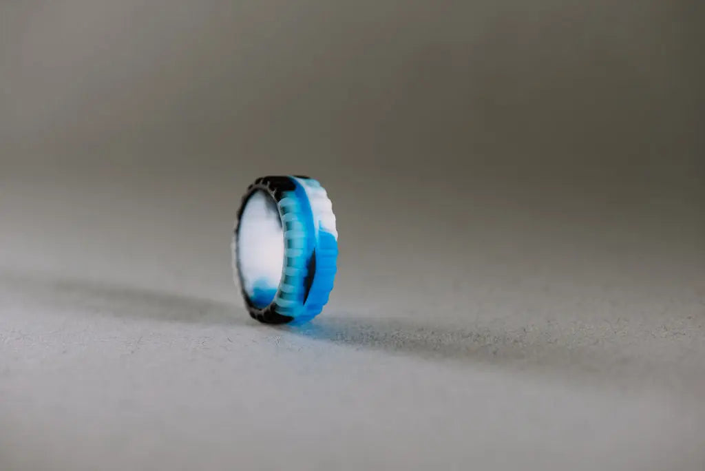 Mens Camo Blue,White and Black Silicone Ring