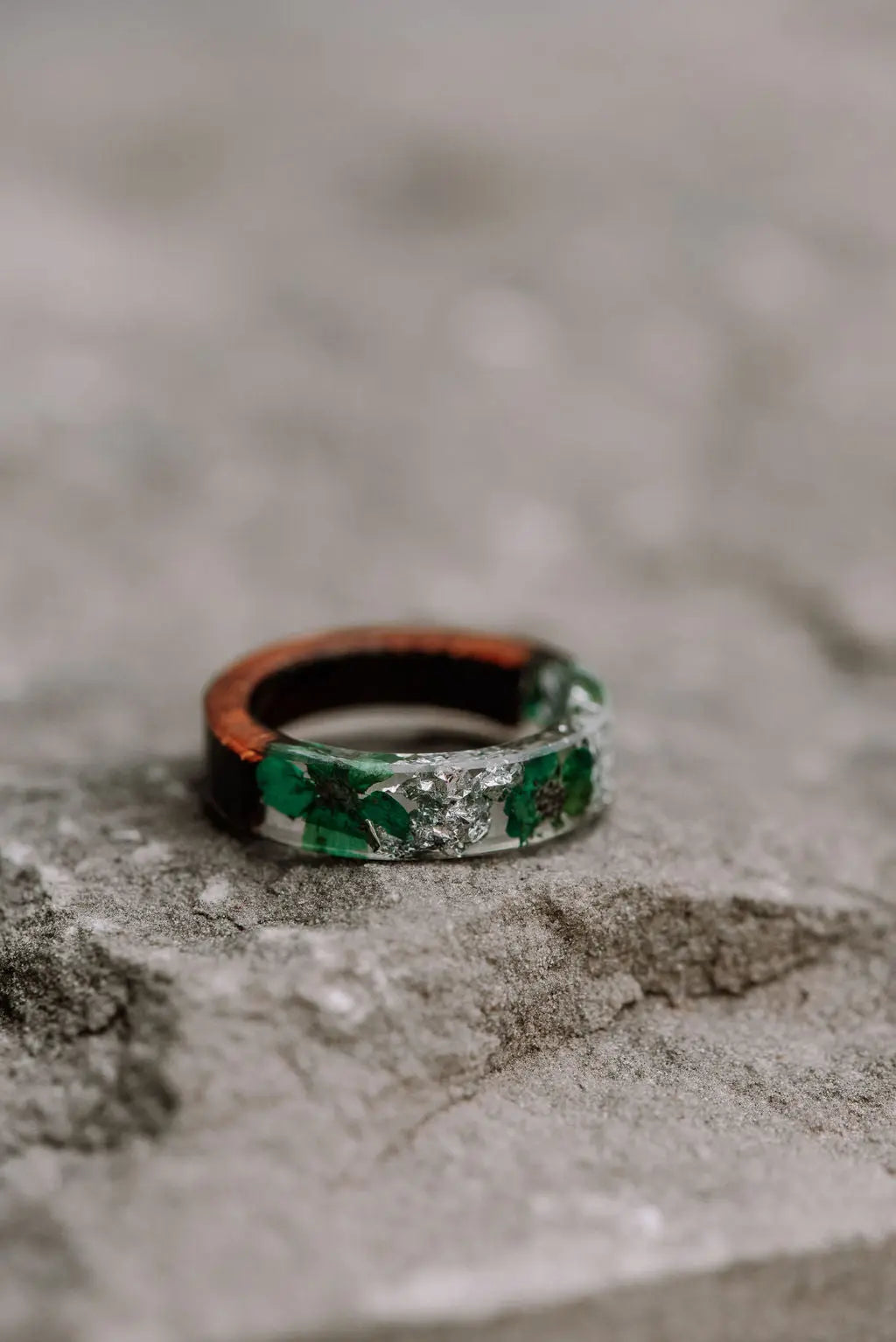 Resin Ring With Half Wood and Half Transparent and Green
