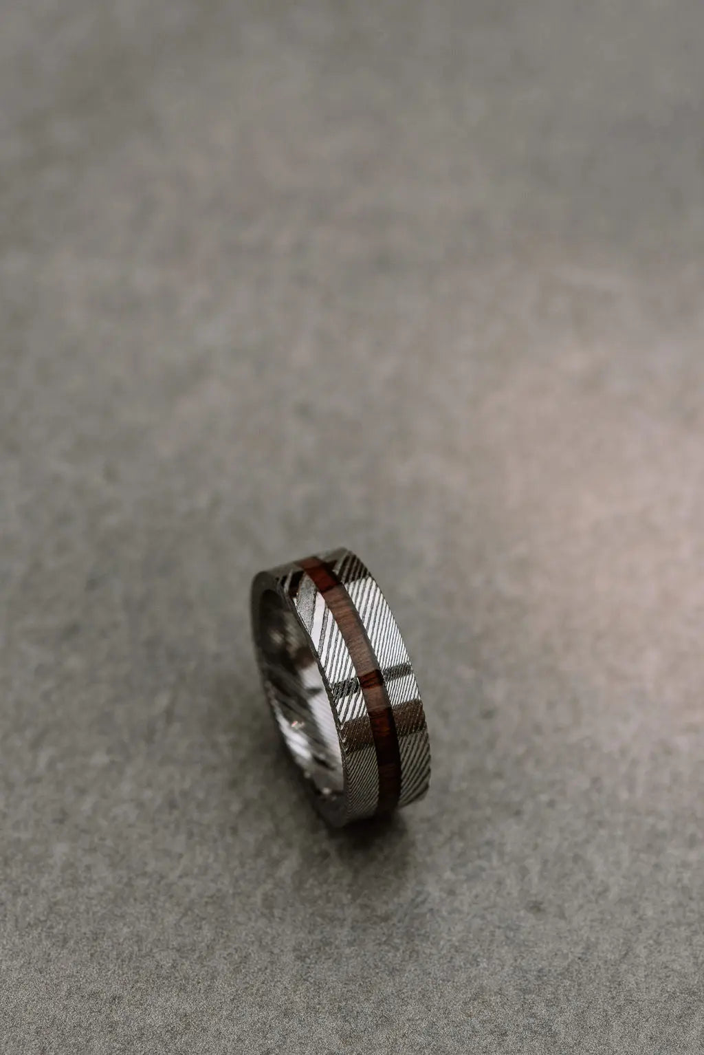 Silver Damascus Steel Ring With Wood Inlay