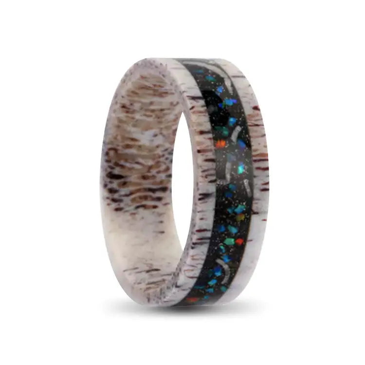 Antler Rings With Meteorite and Flaked Turquoise Inlay