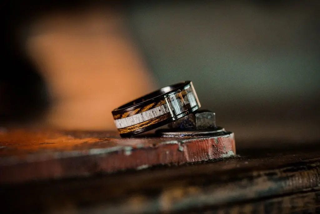 Wooden and Antler Black Tungsten Carbide Ring