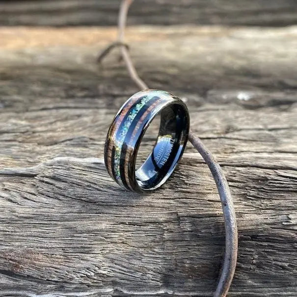 Wooden Tungsten Carbide Ring with Blue Opal Inner Groove