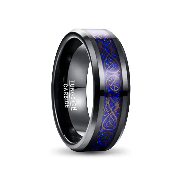 Black Tungsten Carbide Ring With Blue Crystal Inlay and Dragon Pattern