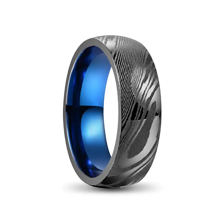Black Tungsten Carbide ring with Damascus outer and Blue Inner