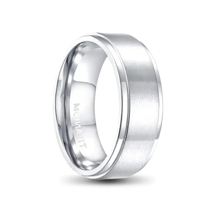 Flat Band Silver Titanium Ring With Brushed Outer