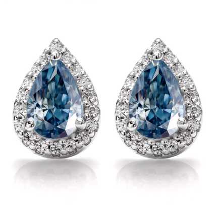 Sterling Silver stud Earrings With Pear Cut Blue Moissanite Set in Halo