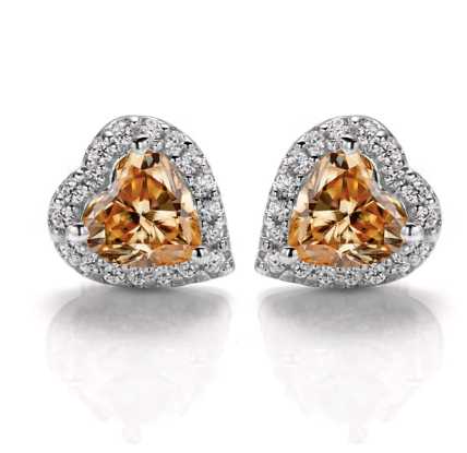 Sterling Silver Stud Earrings With Heart Cut Champagne Moissanite Set in Halo