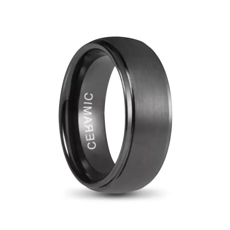 Domed Black Ceramic Ring With Stepped Edges and Brushed Outer