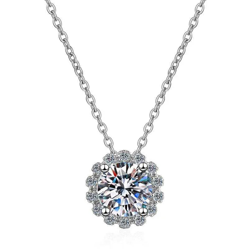 Sterling Silver Necklace with Round Cut F Color Moissanite Stone Set in halo
