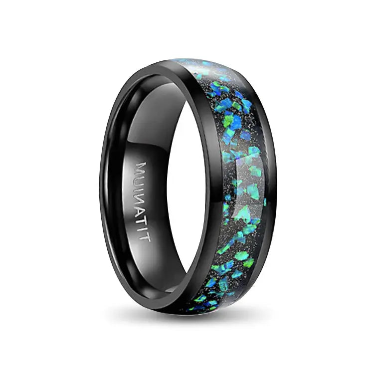 Rounded Black Titanium Ring With Crushed Blue Opal Inlay
