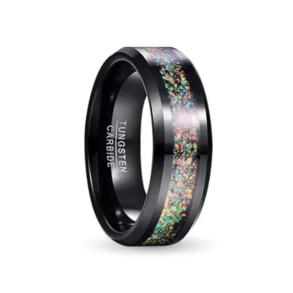 Rainbow Black Opal Tungsten Ring