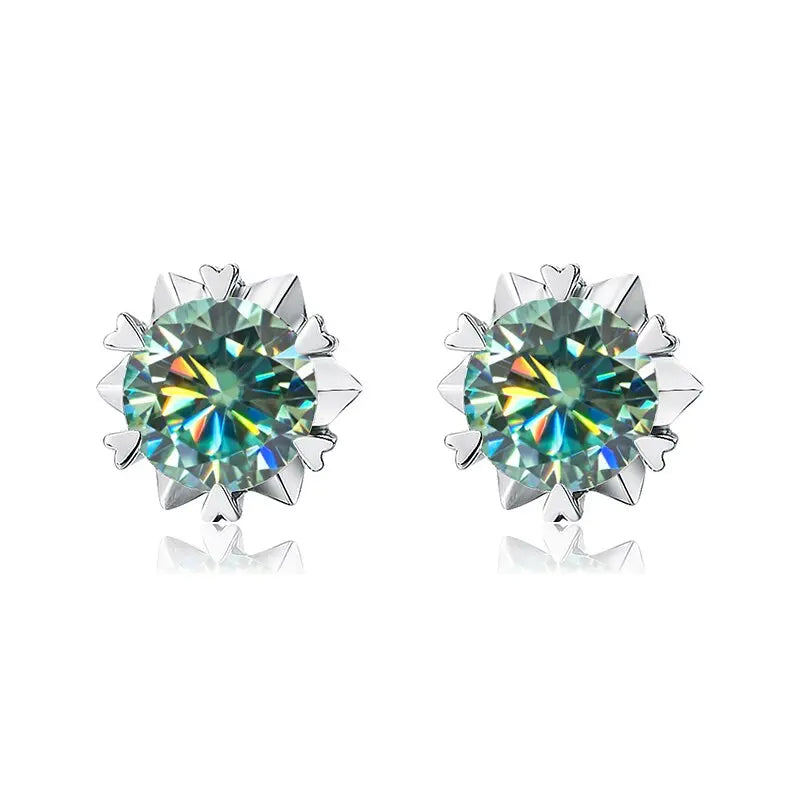 Sterling Silver Stud Earrings With Snowflake Shape and Round Cut Blue Moissanite Set in Prongs