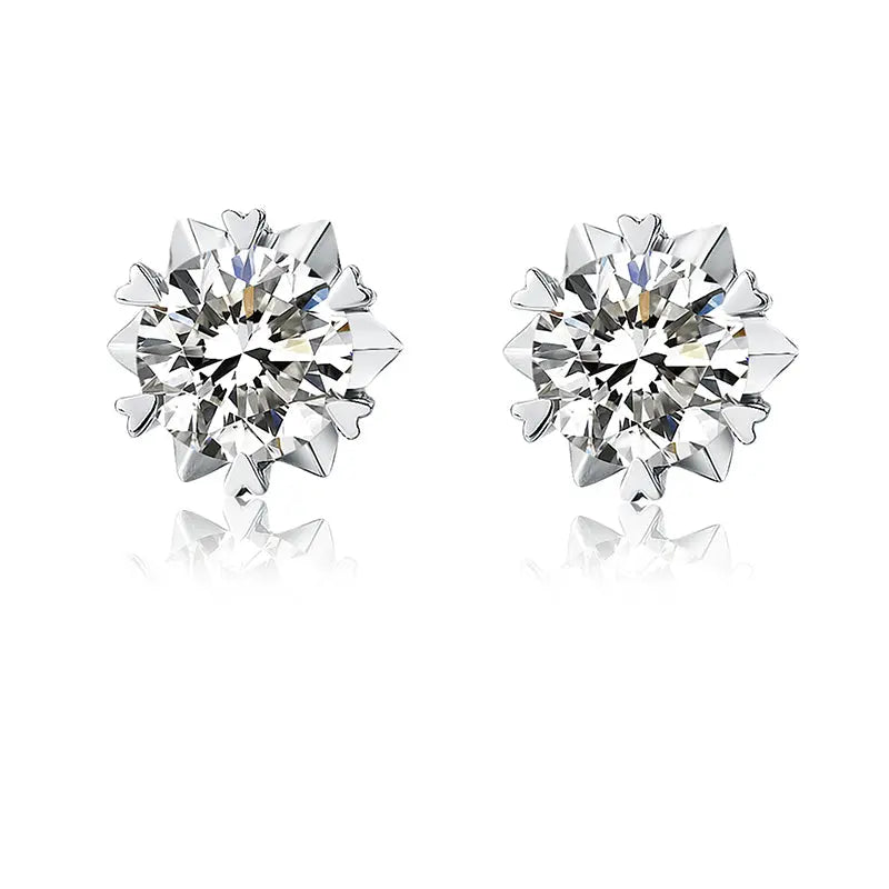  Sterling Silver Stud Earrings With Snowflake Shape and Round Cut Moissanite Set in Prongs