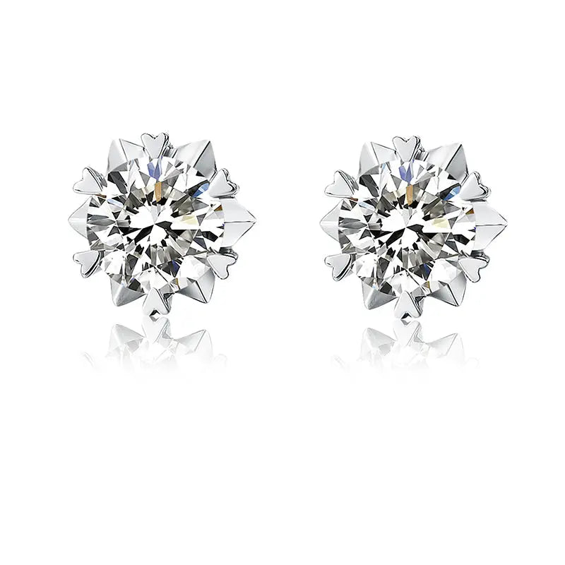 Sterling Silver Stud Earrings With Snowflake Shape and Round Cut Moissanite Set in Prongs