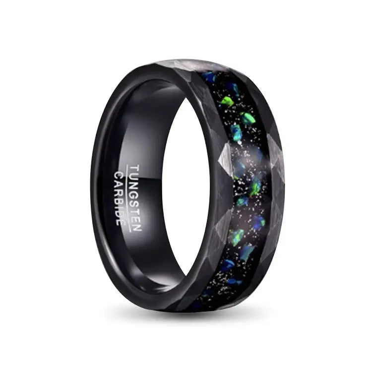 Black Hammered Tungsten Carbide Ring With Inlaid crushed opal