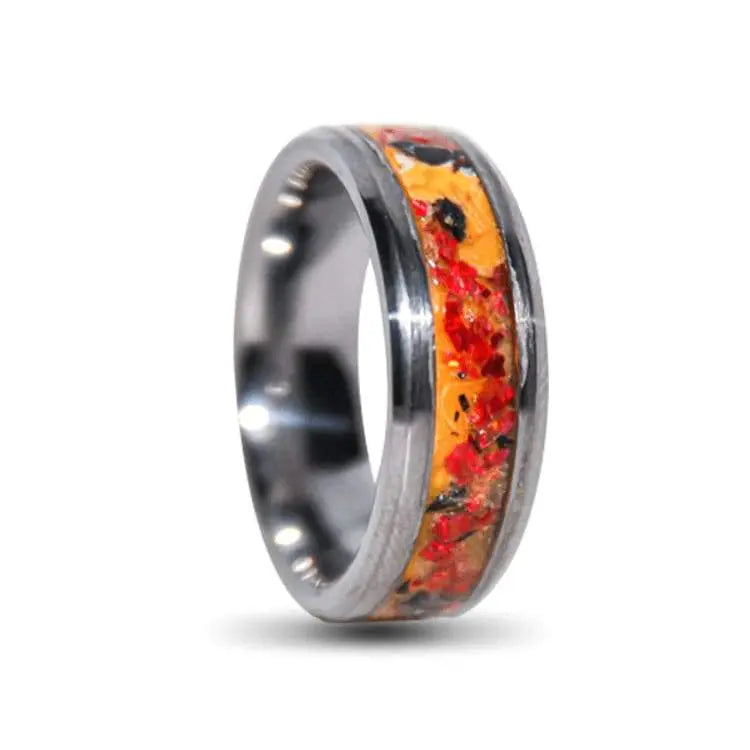 Silver Tungsten Ring, Red Opal, Obisidian, Yellow Glow Powder