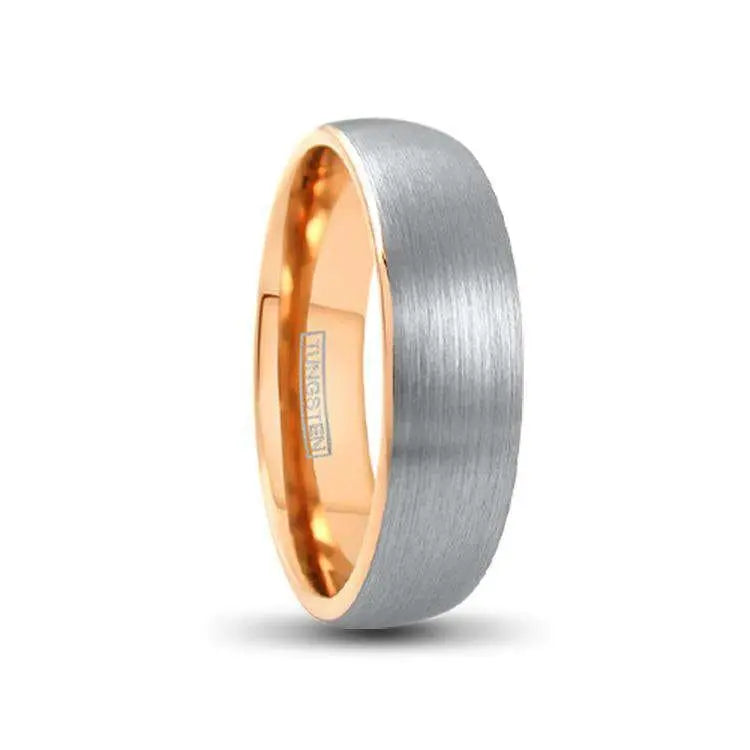 6mm Brushed Silver Tungsten Ring, Rose Gold Inner