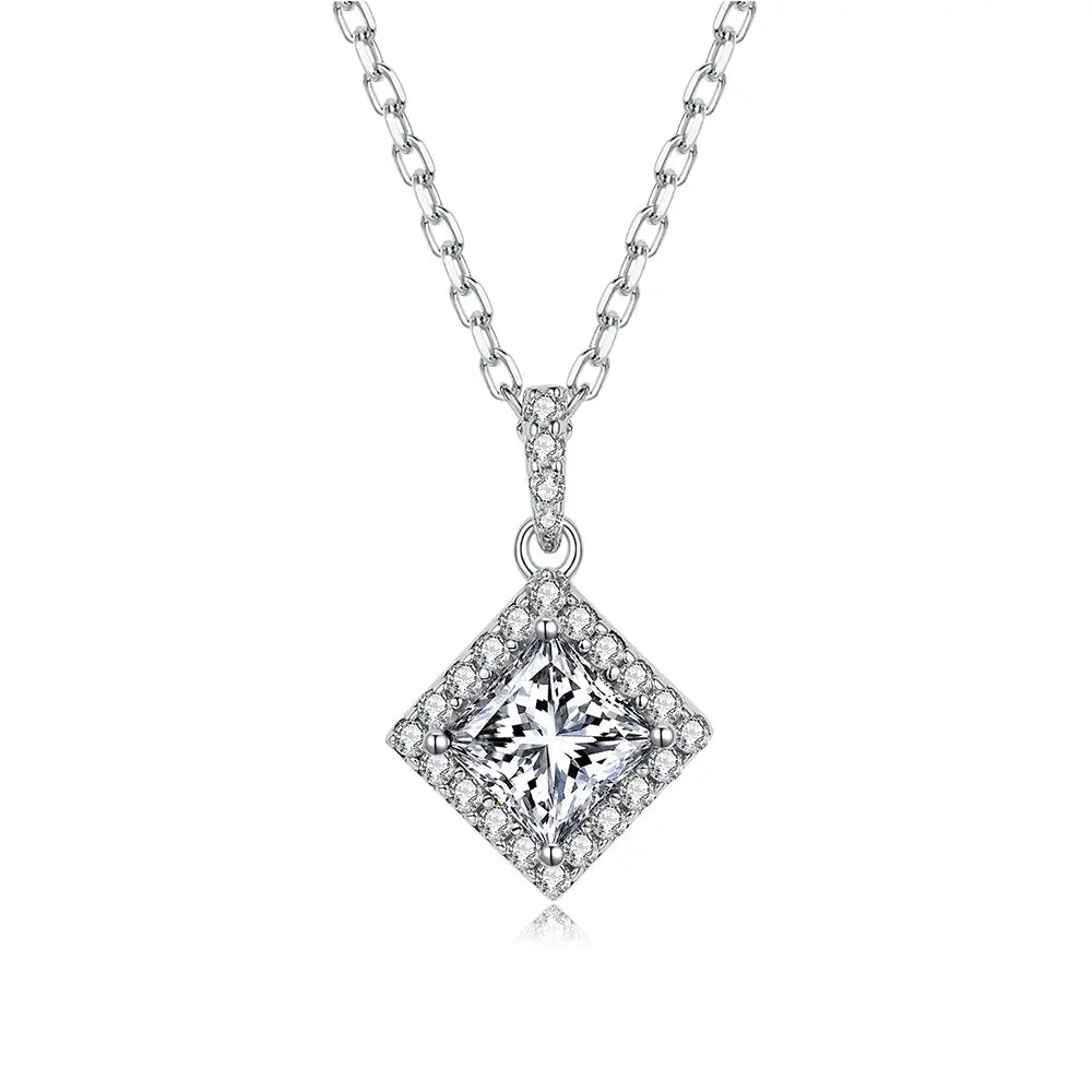 Sterling Silver Necklace With Princess Cut Moissanite Stone Set in Halo