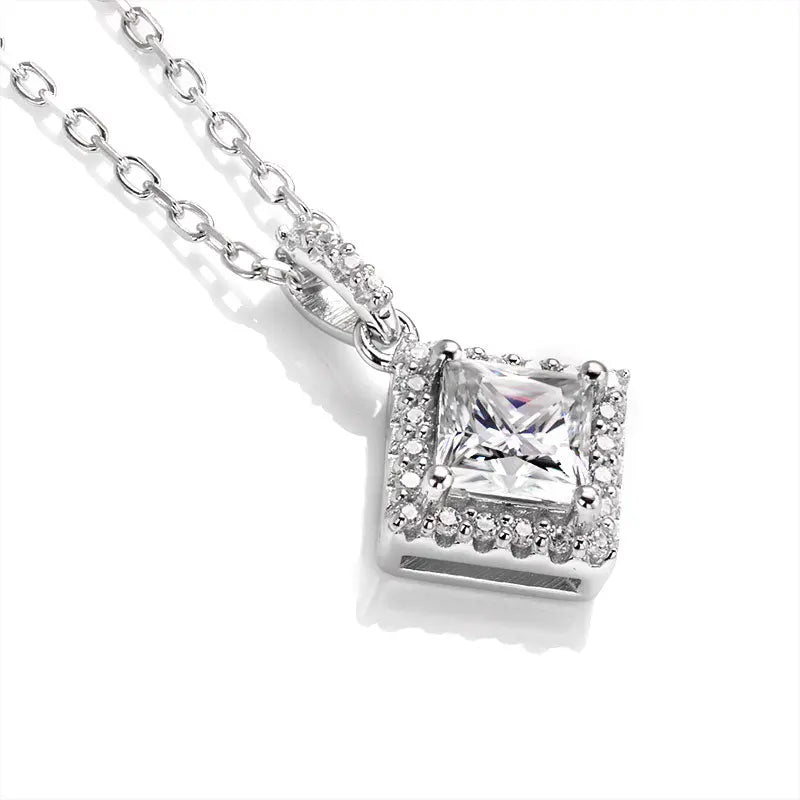 Sterling Silver Necklace With Princess Cut Moissanite Stone Set in Halo