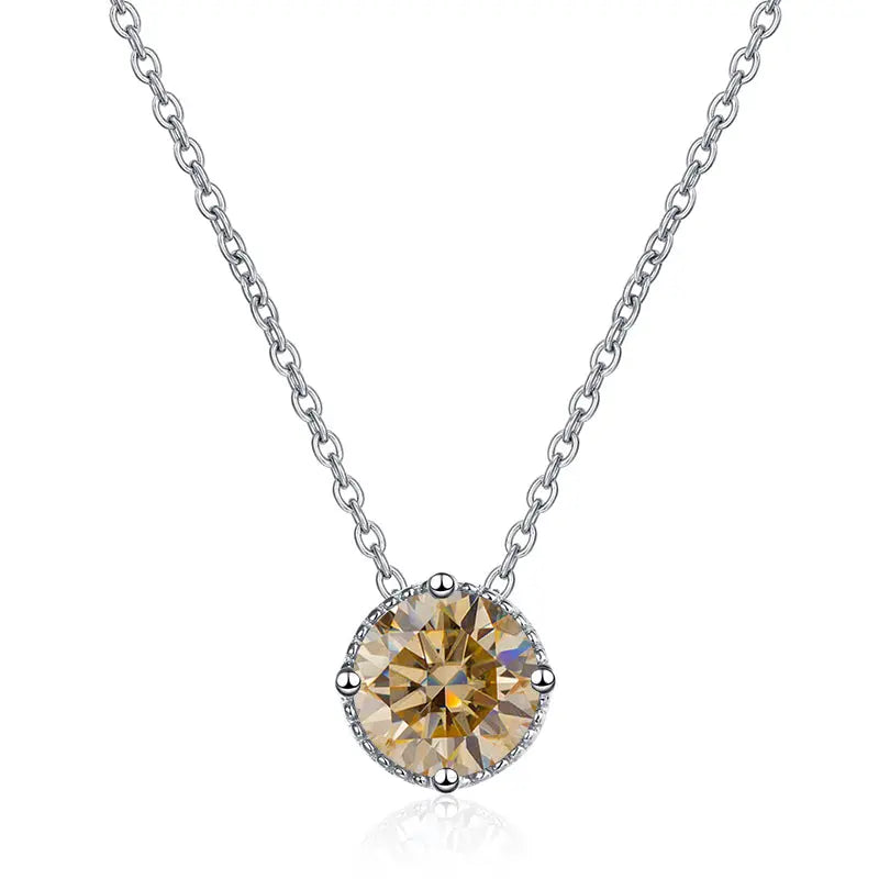 Sterling Silver Necklace With Round Cut Champagne Moissanite Stone