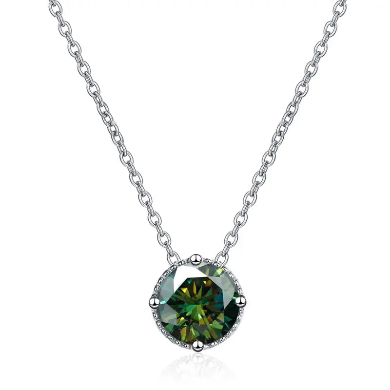 Sterling Silver Necklace With Round Cut Green Moissanite Stone