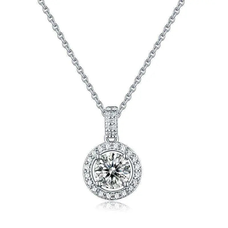 Sterling Silver Necklace with Round Cut F Color Moissanite Stone Set in halo