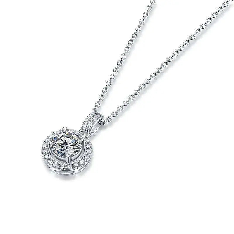 Sterling Silver Necklace with Round Cut F Color Moissanite Stone Set in halo