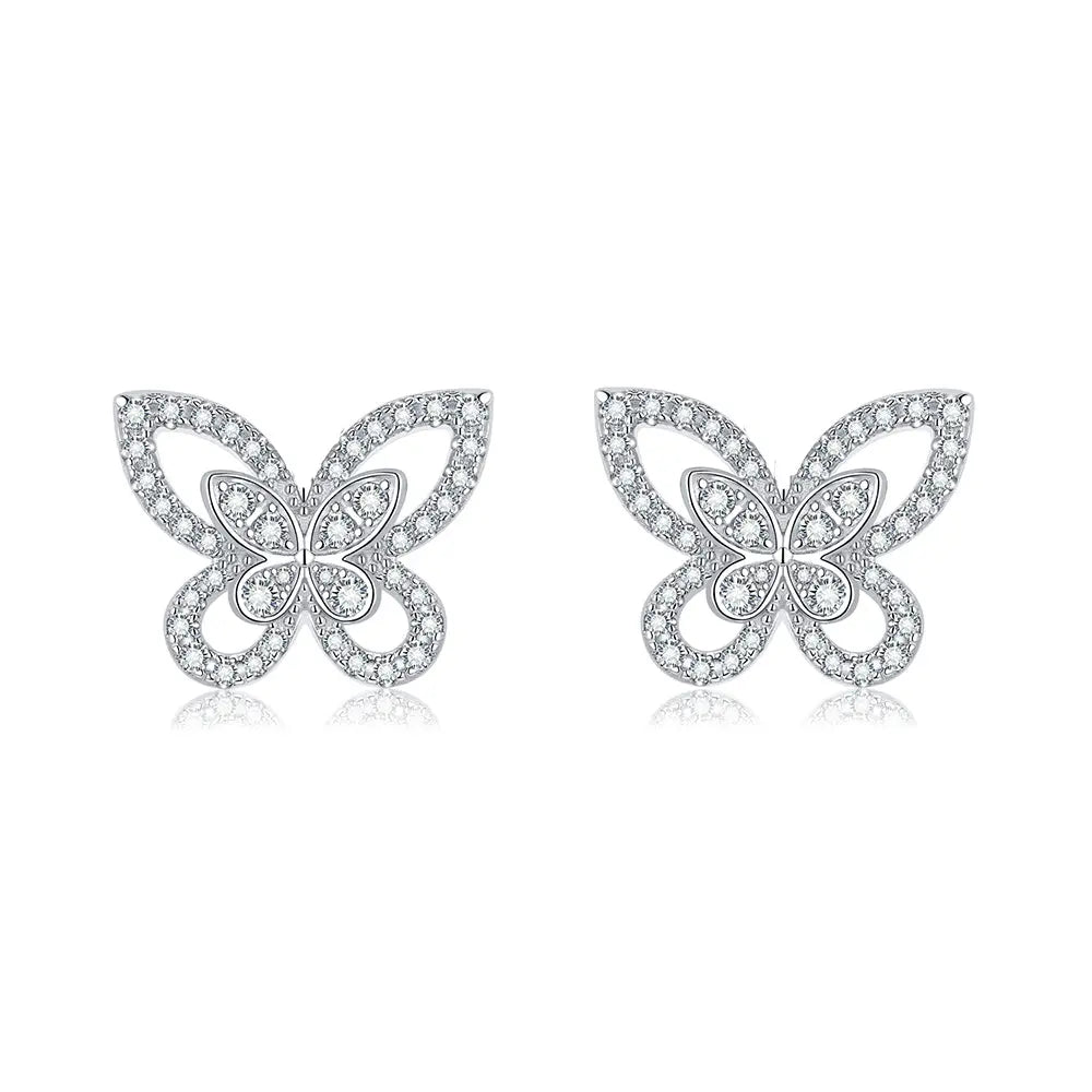 Sterling Silver Stud Earrings With D Color Moissanite stones in Butterfly Design