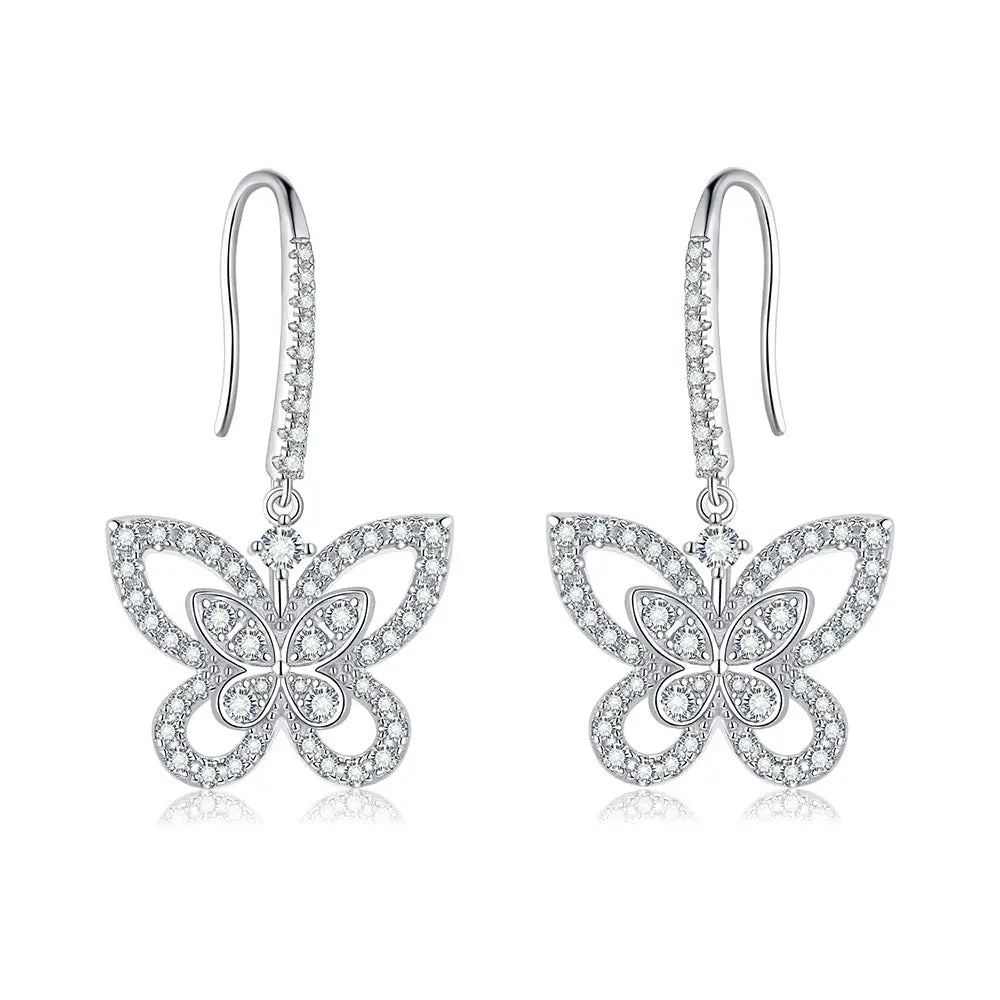 Sterling Silver Dangle Earrings With D Color Moissanite stones in Butterfly Design