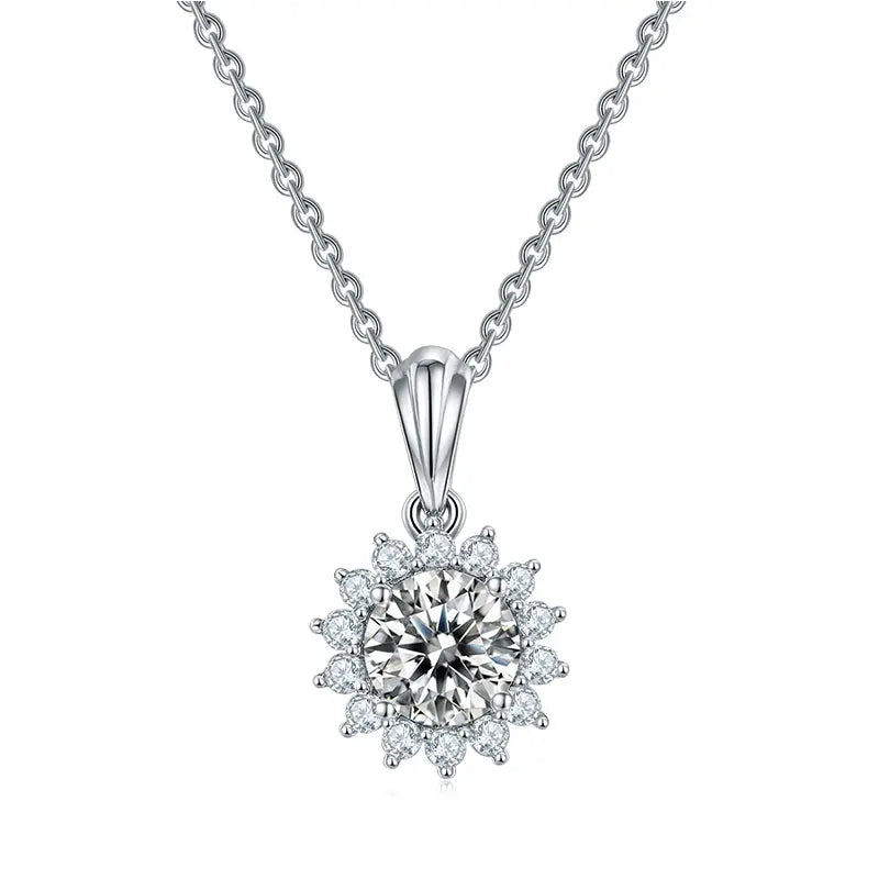 Sterling Silver Moissanite Necklace With Rounded Cut Moissanite Stone With Sunflower Pattern Shape