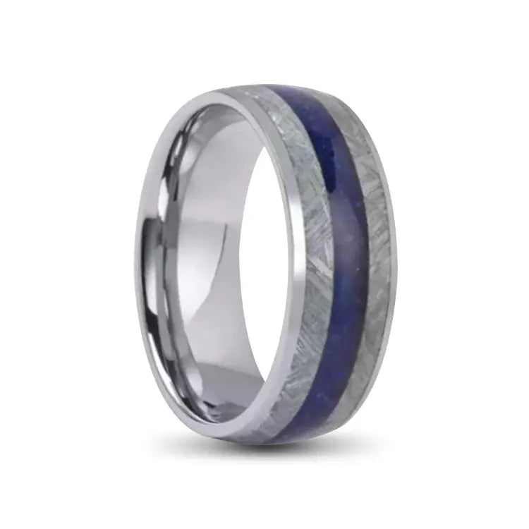 Domed Silver Titanium Ring With Lapis Lazuli Inlay Between Mateorite Inlays