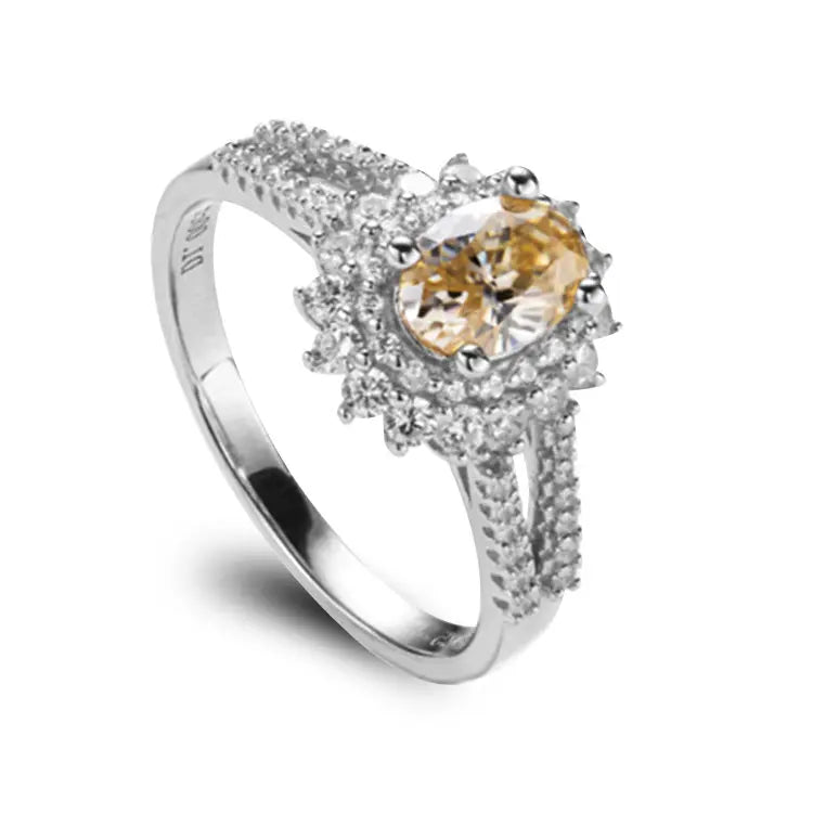 Sterling Silver Ring With Oval Cut Champagne Moissanite with Zirconium Bezel and Split Band