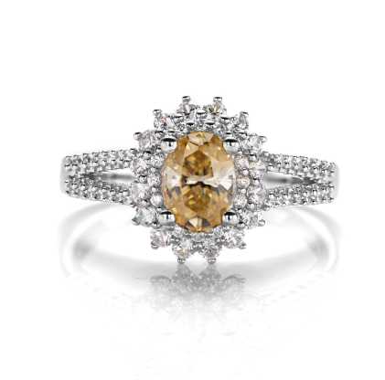 Sterling Silver Ring With Oval Cut Champagne Moissanite with Zirconium Bezel and Split Band