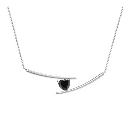 Sterling Silver Necklace With Heart Cut Black Moissanite Stone Set in Prongs and suspendid by two long prongs