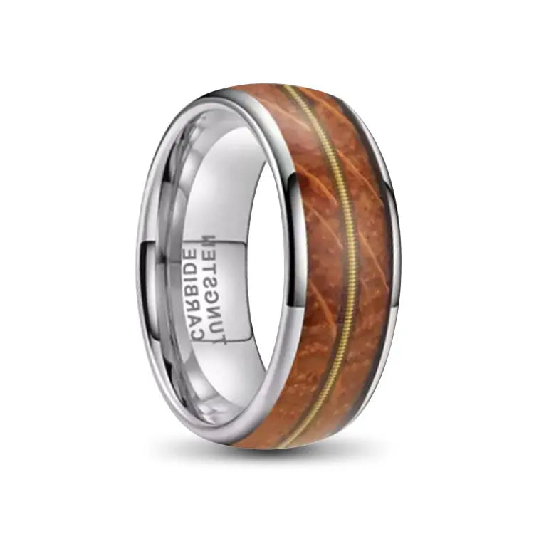 Silver Tungsten Carbide Ring With Whiskey Barrel Oak Wood and Guitar String Inlays