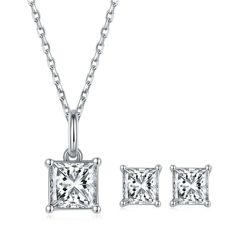 Sterling Silver Jewellery Set With D Color Princess Cut Moissanite Stones