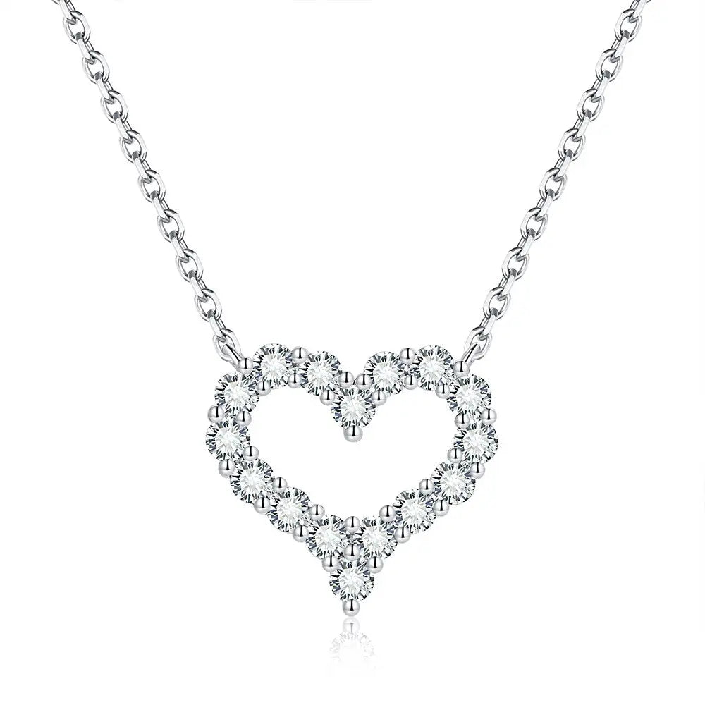 Sterling Silver Necklace With Hollow Heart Cut Shape With D Color Moissanite Stones