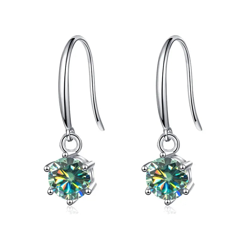 Sterling Silver Dangle Earrings With Blue Color Round Cut Moissanite stone set in classic 6 claw design