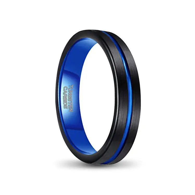 ladies black tungsten carbide ring with brushed outer and blue groove inlay