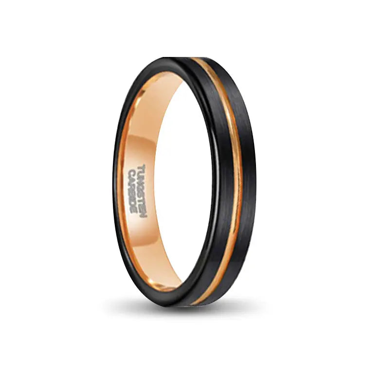 ladies black tungsten carbide ring with brushed outer and gold groove inlay