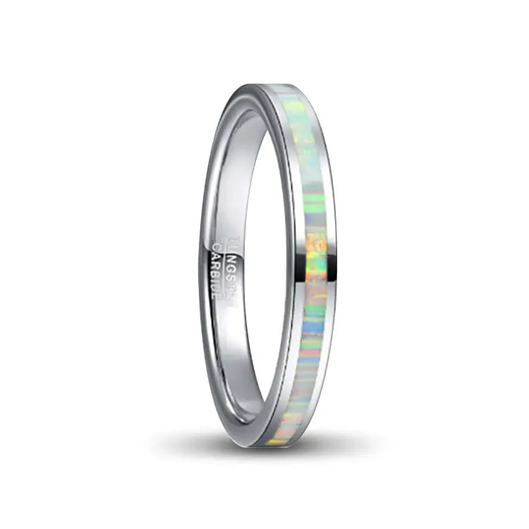ladies silver tungsten carbide ring with opal inlay