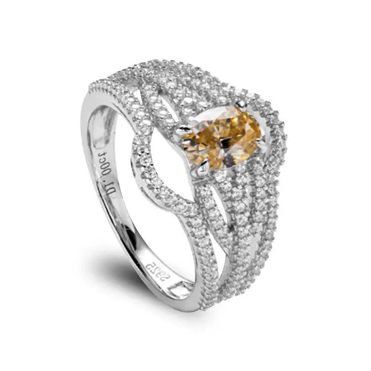 Sterling Silver Ring With Oval Cut Champagne Moissanite and Intricate Band Design with Gaps