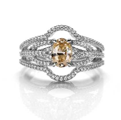 Sterling Silver Ring With Oval Cut Champagne Moissanite and Intricate Band Design with Gaps