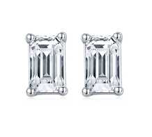 Sterling Silver Earrings With D Color Emerald cut Moissanite Stones Set in Prongs