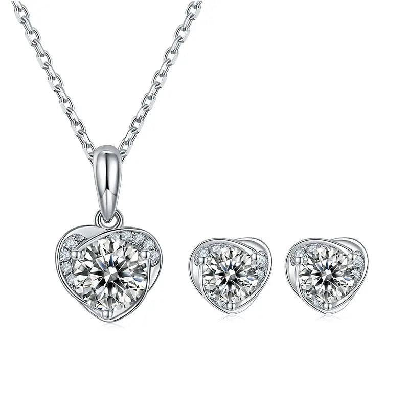 Sterling Silver Jewellery Set With F Color Moissanite Stones Set in Heart Shape