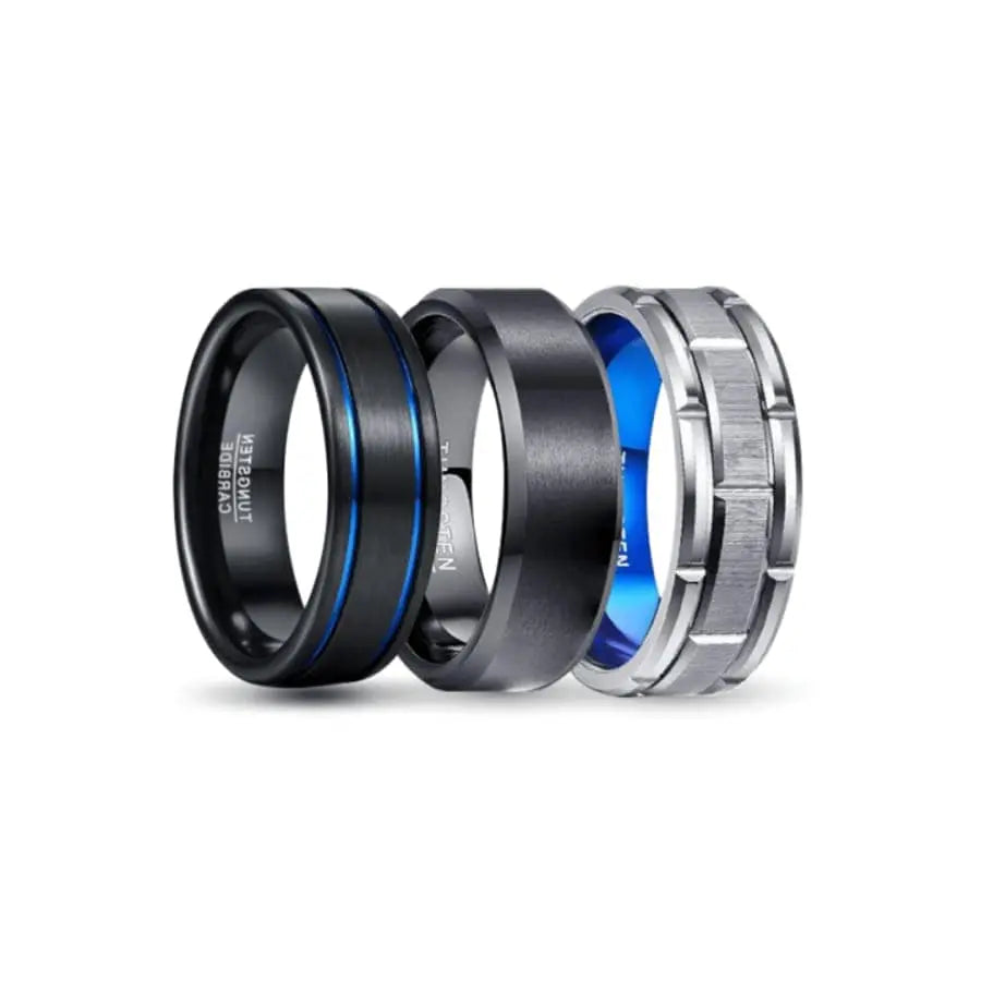 Black, Blue and Silver Tungsten Carbide Rings