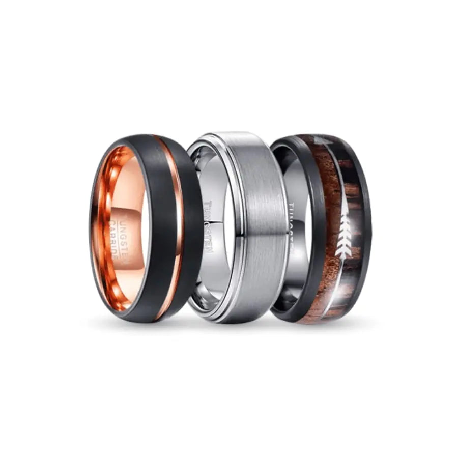 Rose Gold, Black, Silver and Wood Tungsten Carbide Rings