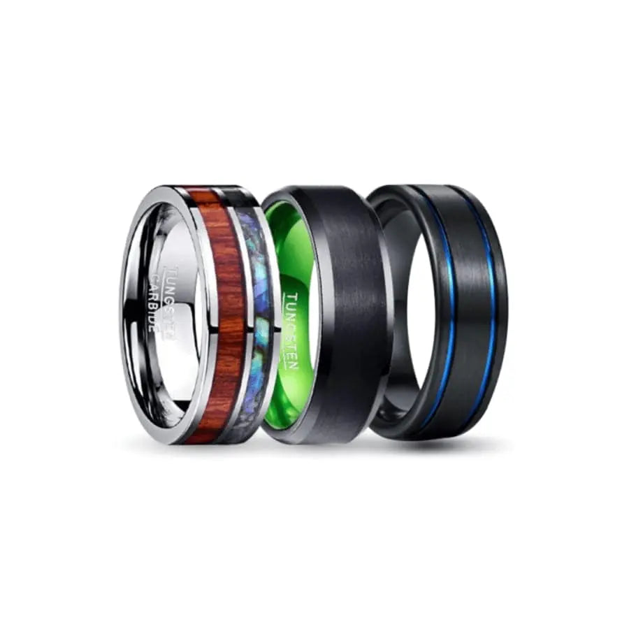 Silver, Wood, Green. Black and Blue Tungsten Carbide Rings